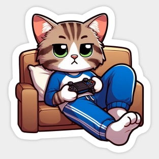 Tabby Cat Playing Game Relaxing Comfy Sofa Sticker